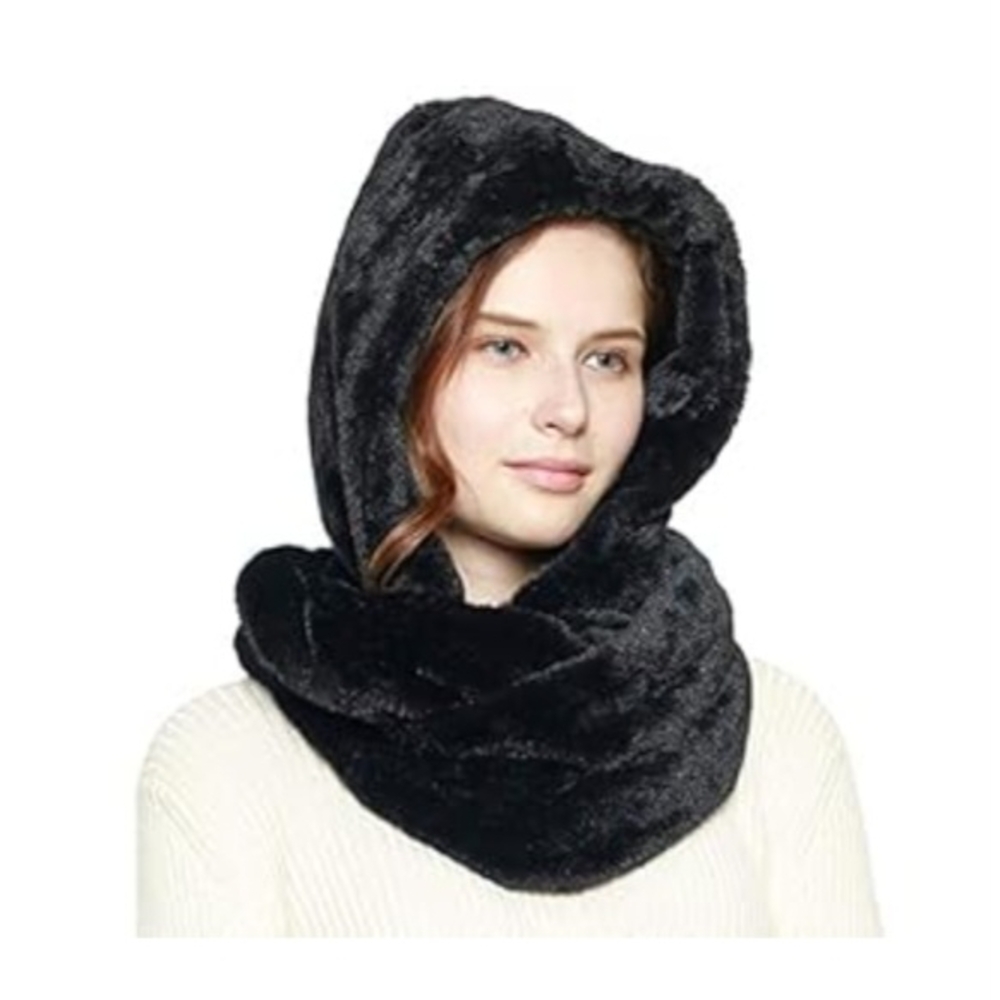 Black Faux Fur Hooded Infinity Scarf